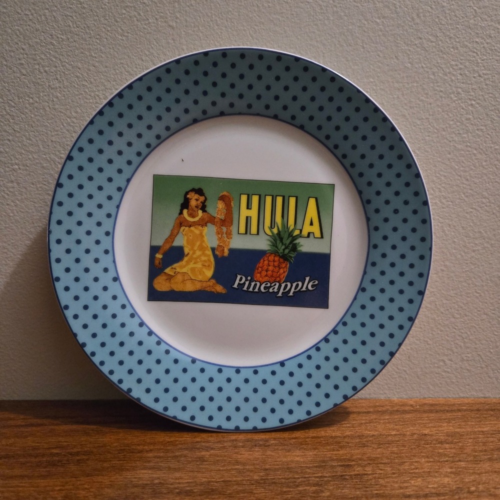 I Godinger & Co Hula Pineapple Salad Plate Blue Polka Dot Retro Tiki 8 Inch